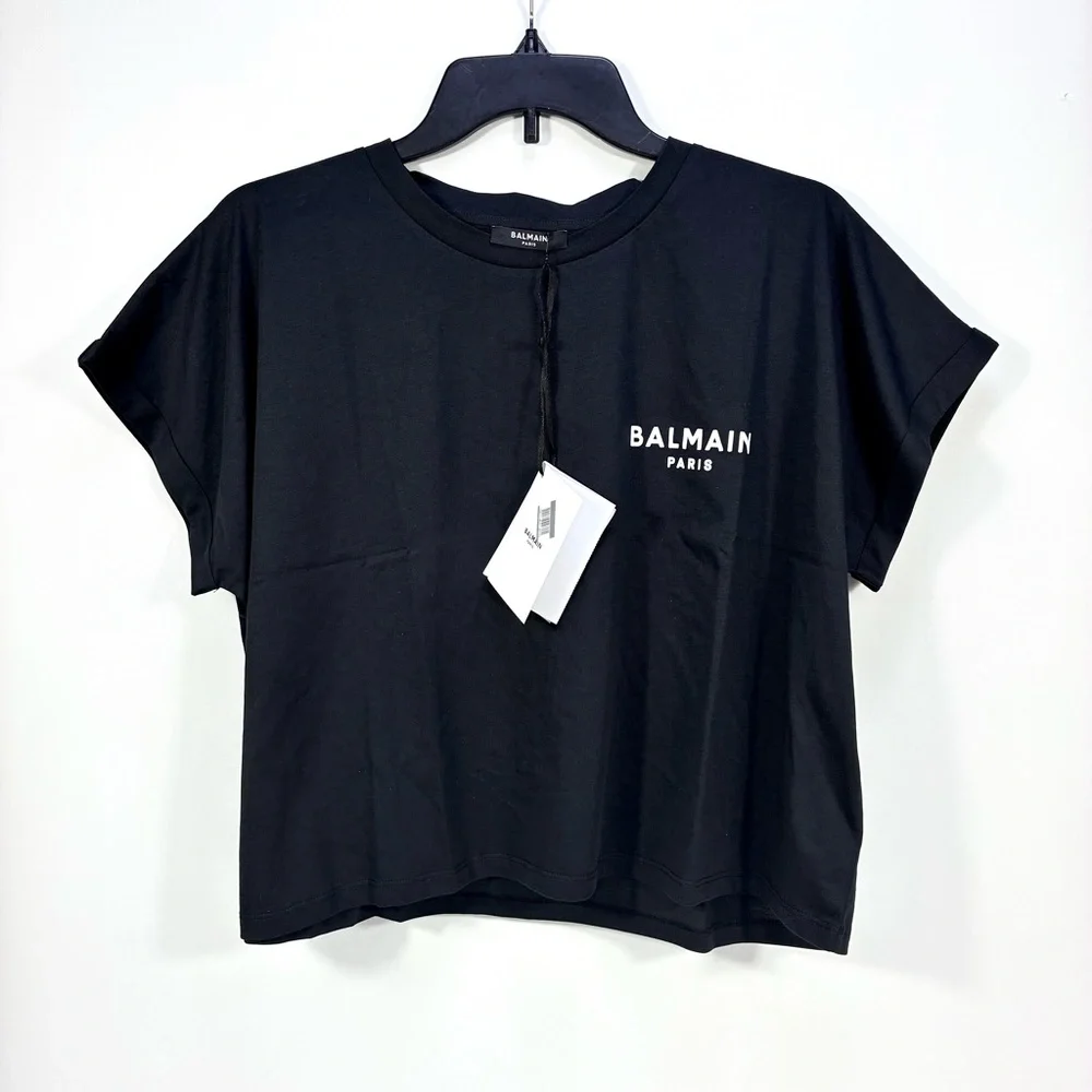 Balmain Cropped Eco-Designed Cotton T-Shirt Tee Flocked Logo Black XL NWT - Picture 3 of 14